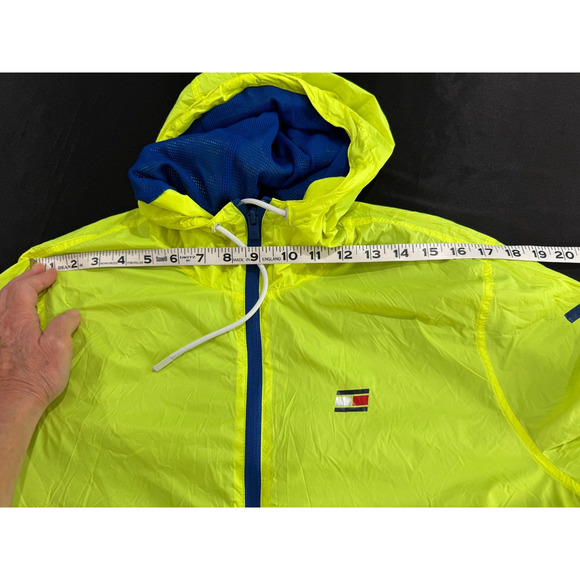 90s Tommy Hilfiger Mens Neon Green Yellow Hooded Windbreaker Jacket M Spell Out - Picture 5 of 13
